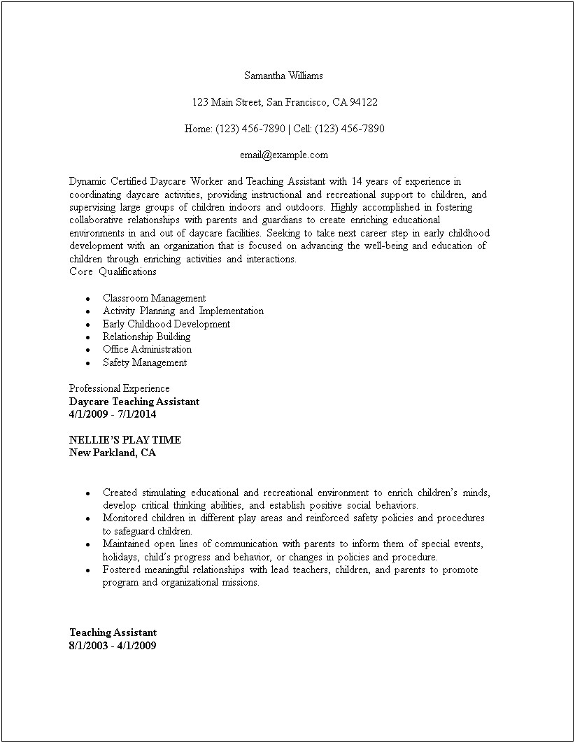 Resume Samples For In Home Daycare