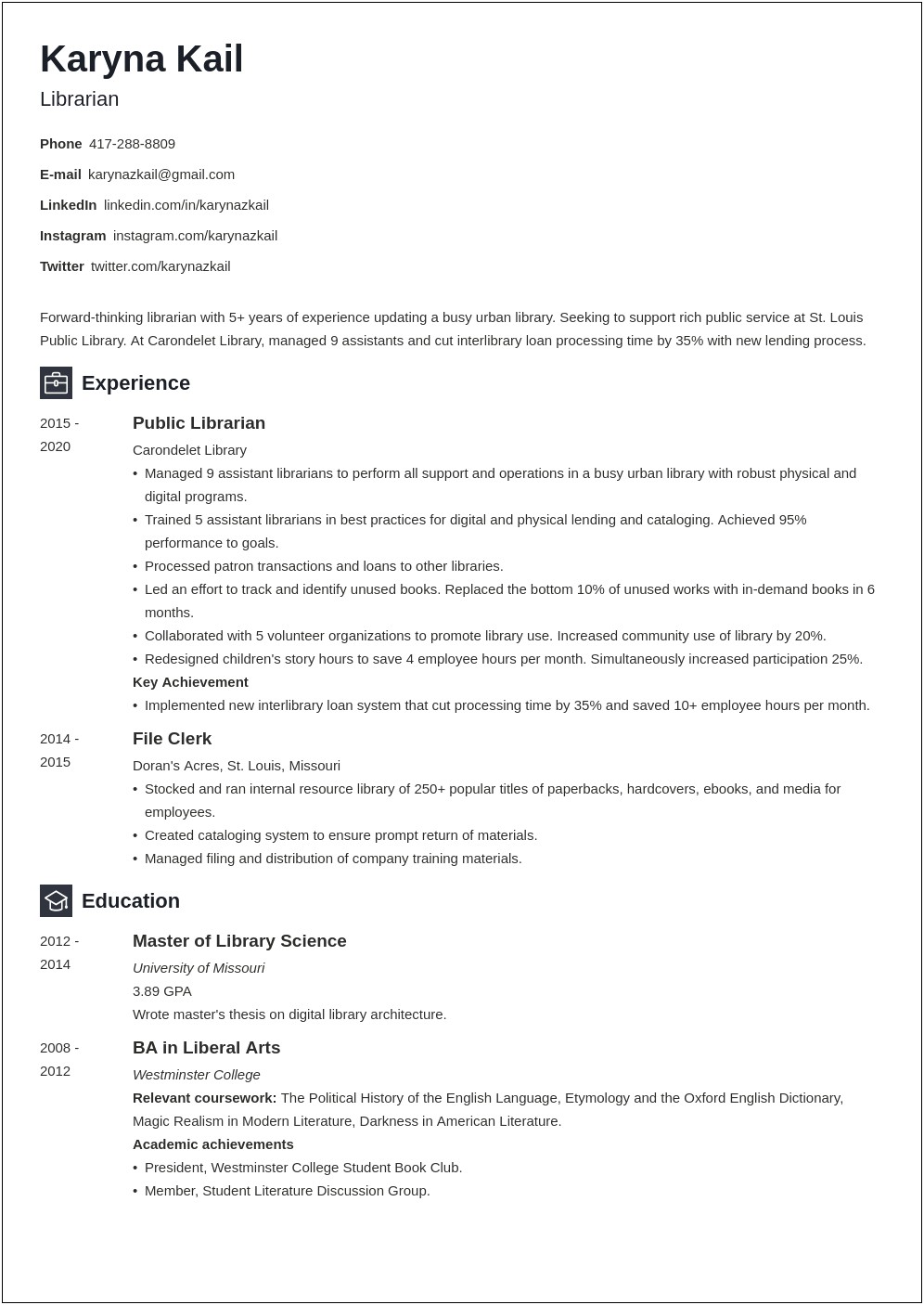 Resume Samples For Librarian Jobs In Usa