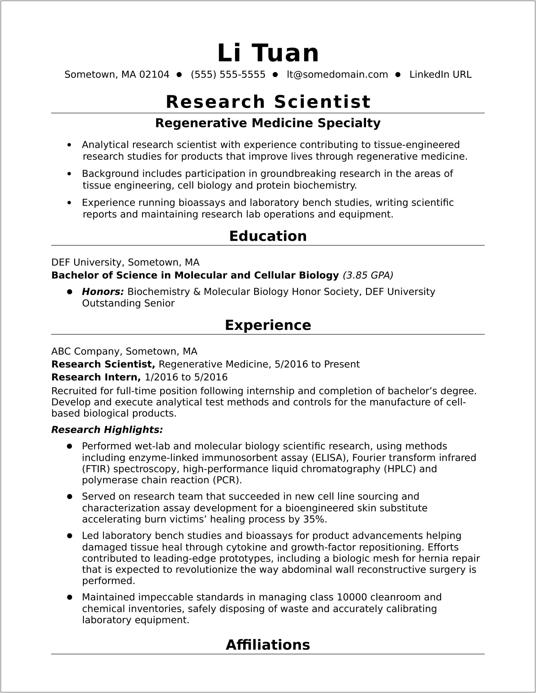 Resume Samples For Life Science Freshers