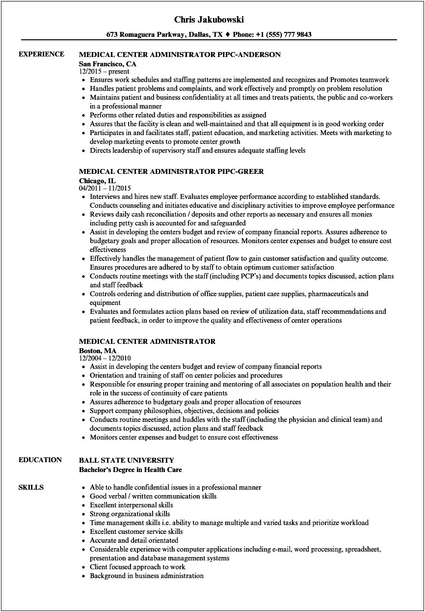 Resume Samples For Medical Office Administrator