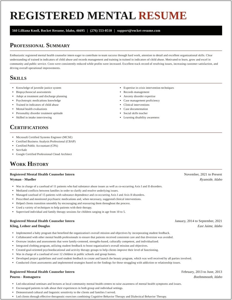 Resume Samples For Mental Health Counselor Resumes
