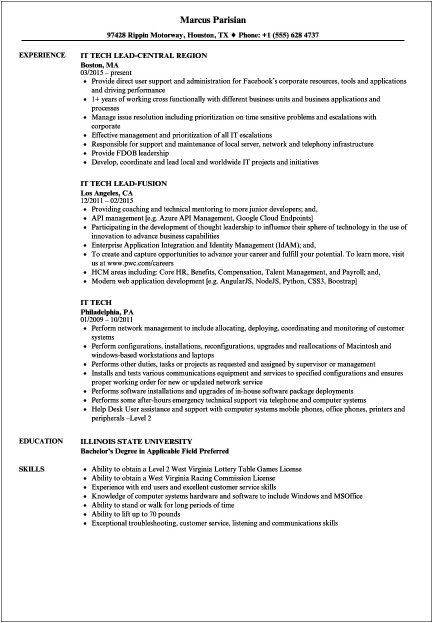 Resume Samples For Non Degree Holder It