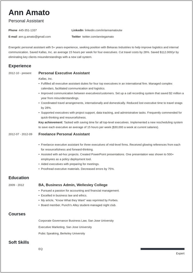 Resume Samples For Pesonal Assistant Work