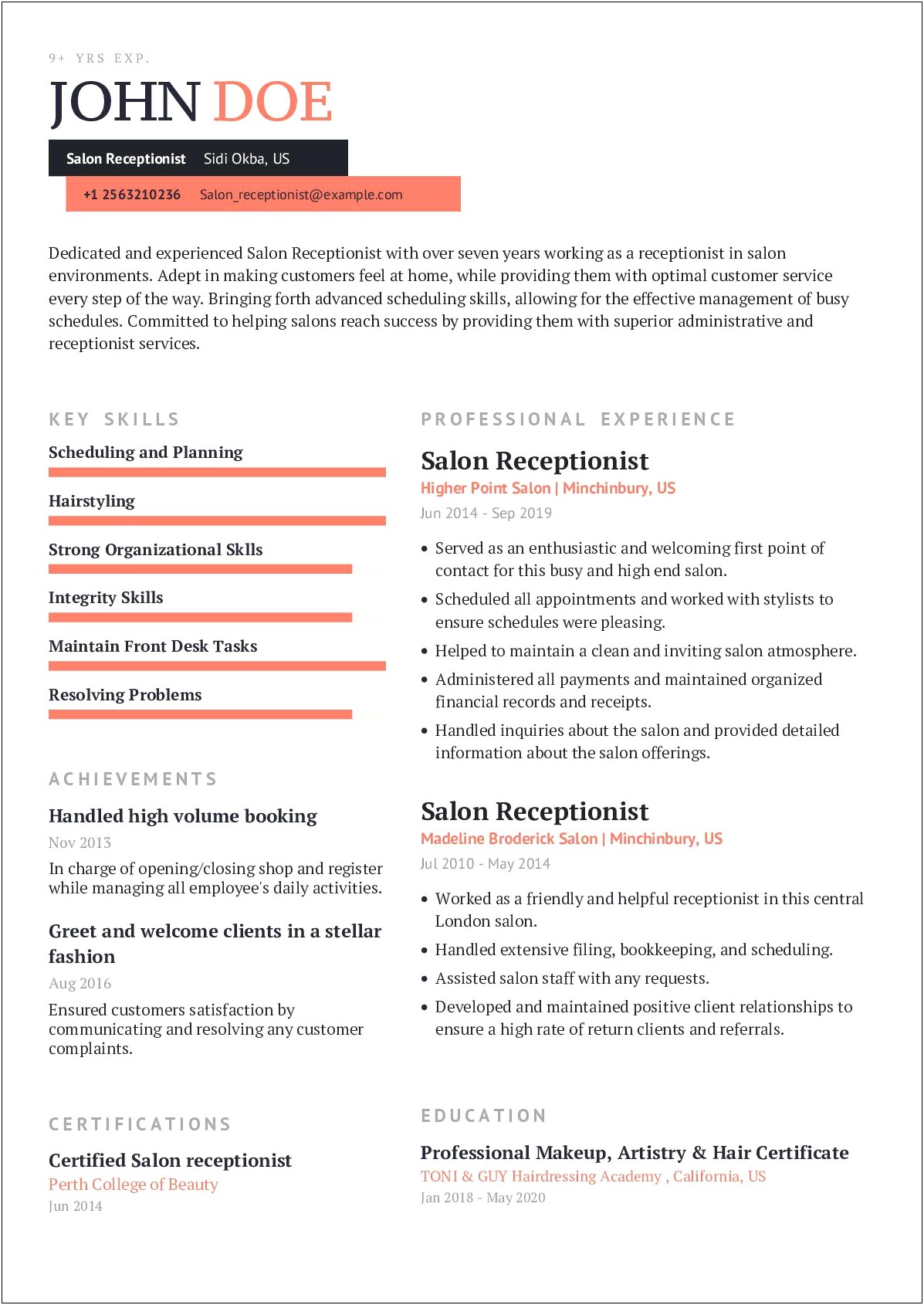 Resume Samples For Receptionist In Salon