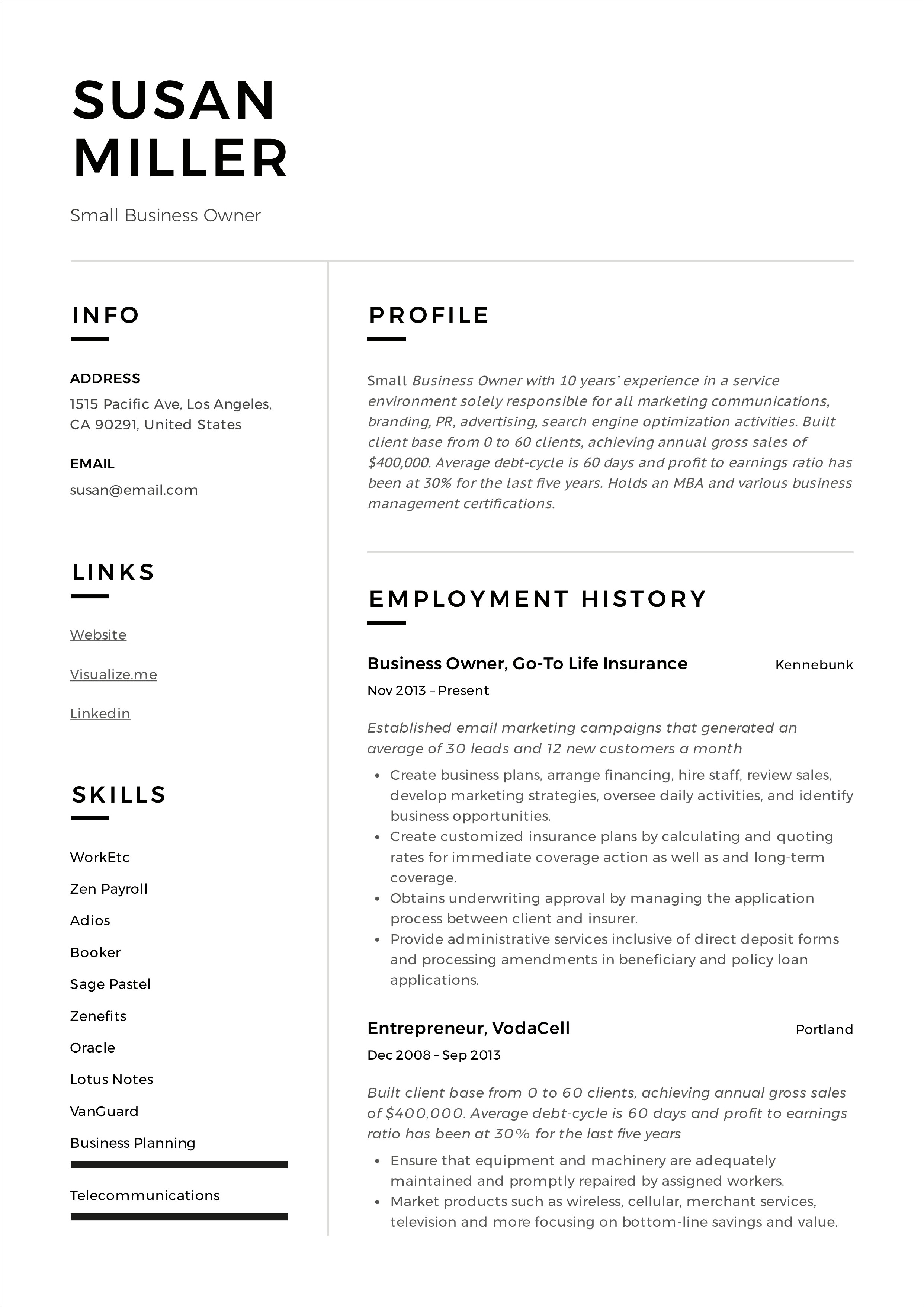 Resume Samples Of Owning A Business