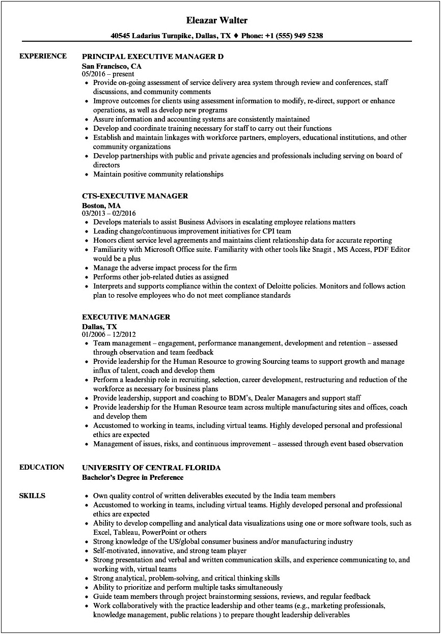 Resume Samples With Execute On Senior Management Goals