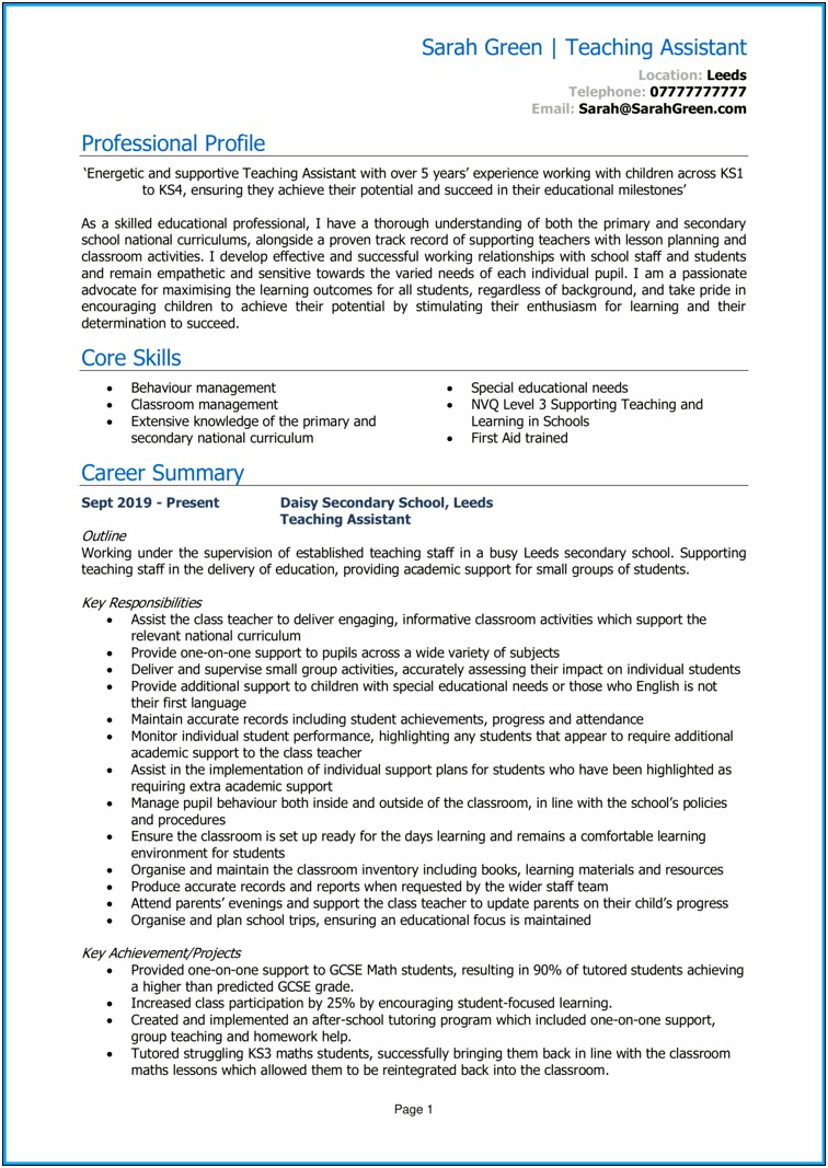 Resume Skills And Abilities Teacher Assistant