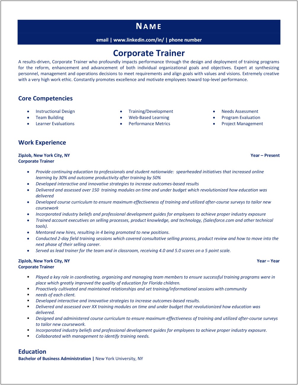 Resume Skills For A Company Trainer