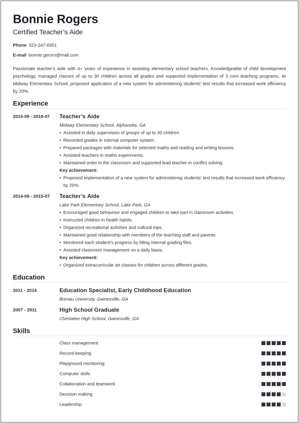 Resume Skills For Teacher's Assistant