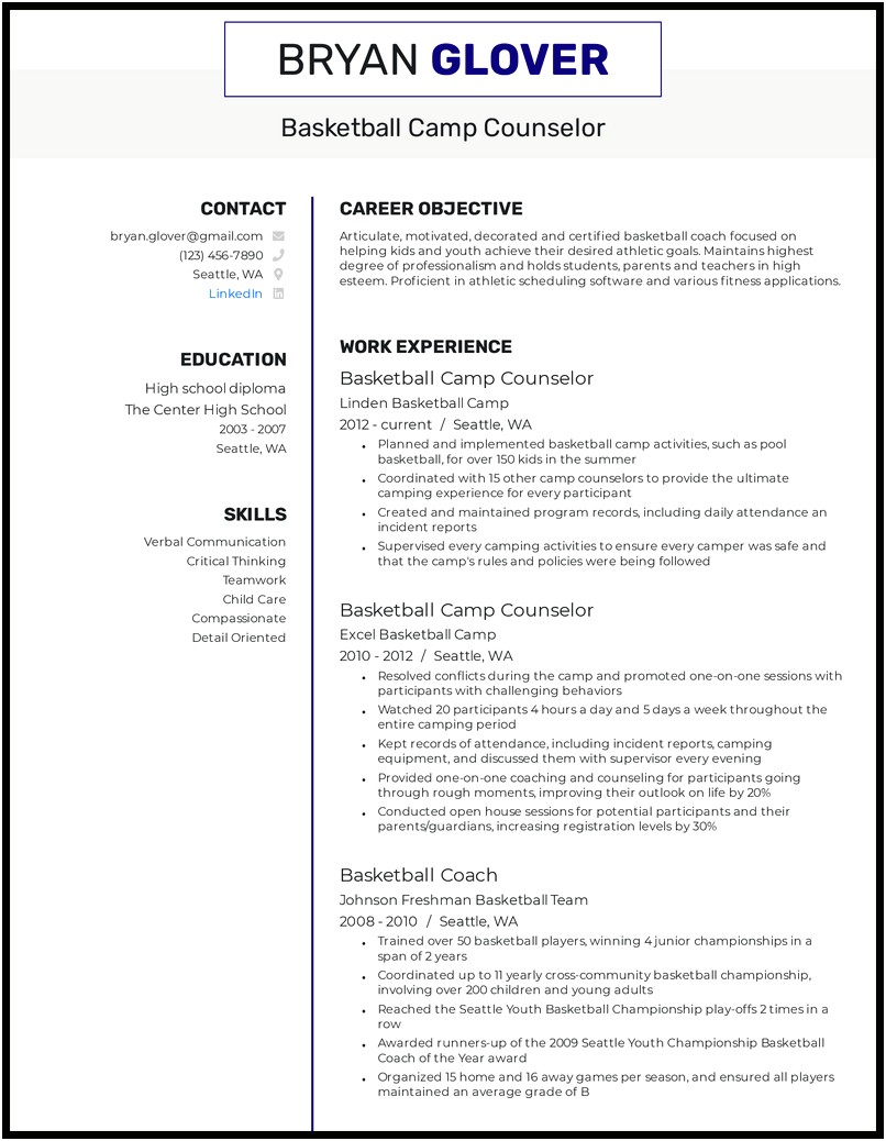 Resume Skills List For Camp Counselor