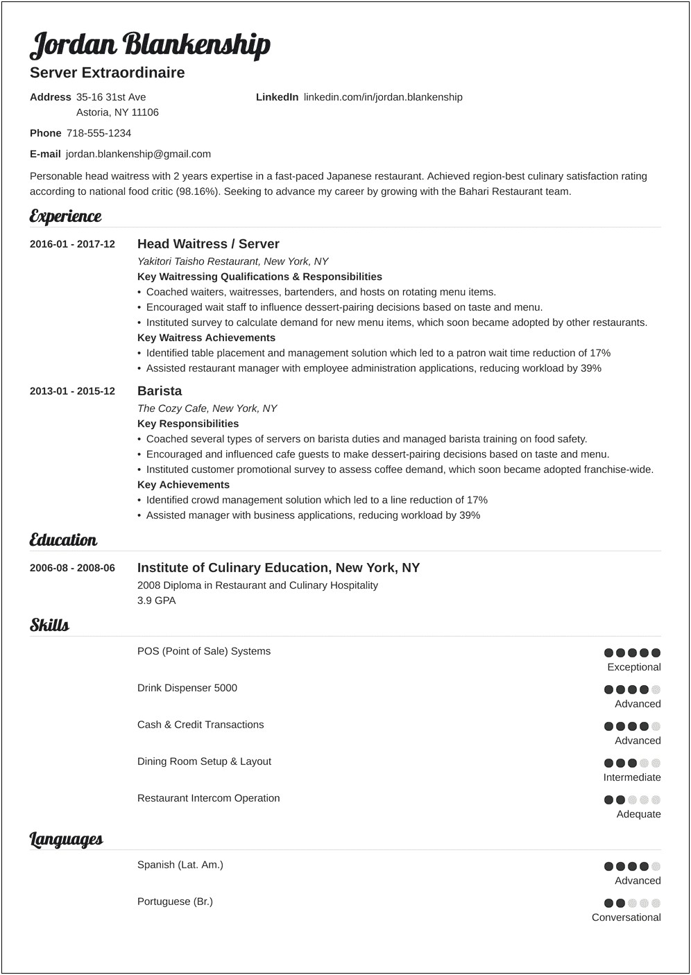 Resume Skills Sample For Service Crew