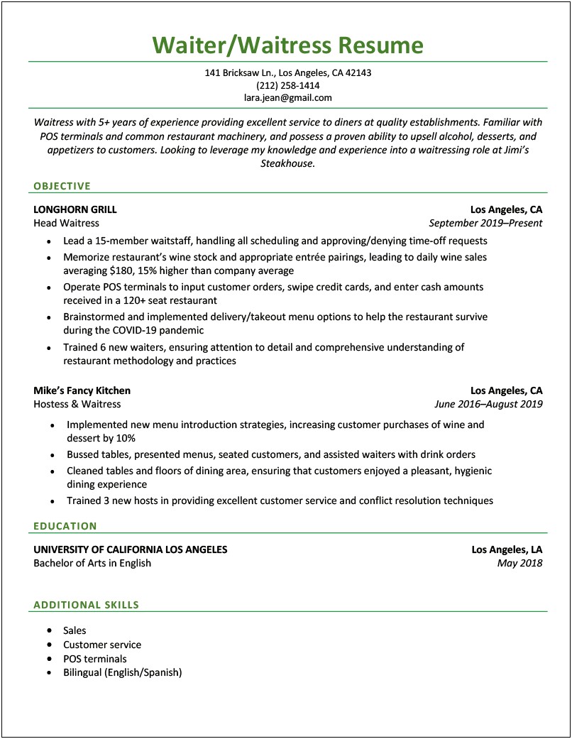 Resume Skills Summary Career Change From Waiter