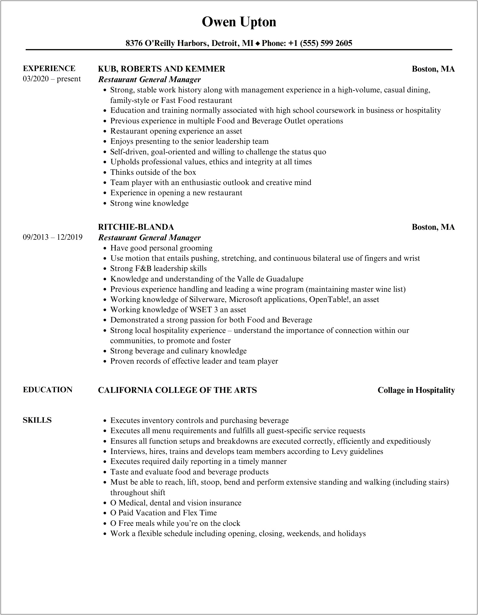 Resume Spec For General Manager Juice Bar