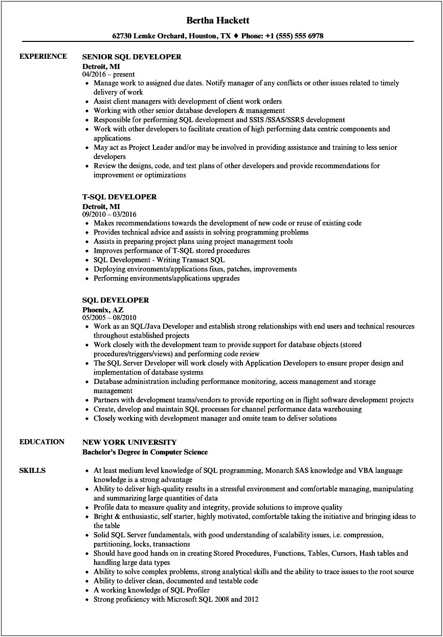 Resume Sql Server Developer Mirroring Experience