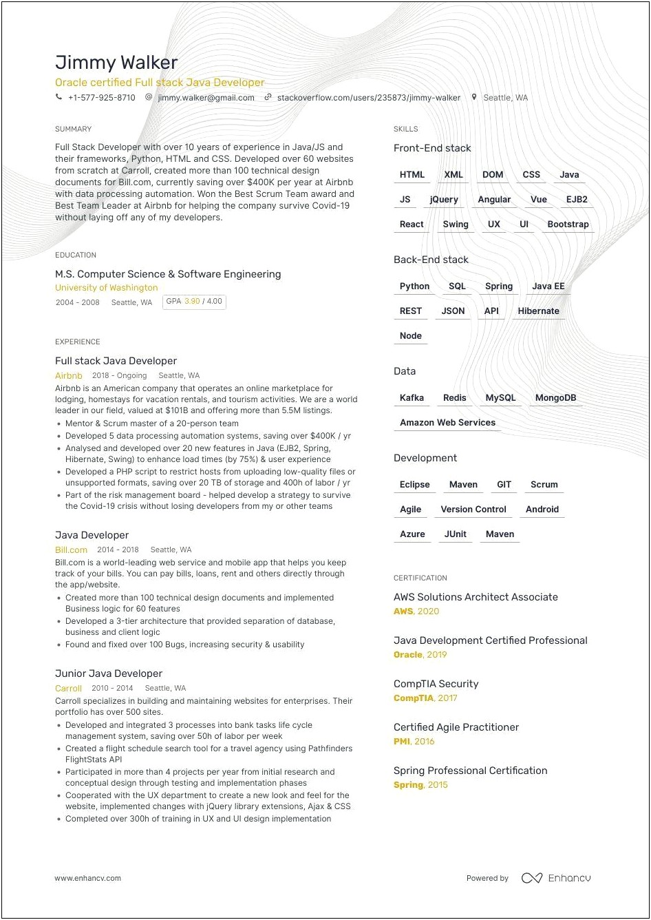 Resume Summary About A Full Stack Developer