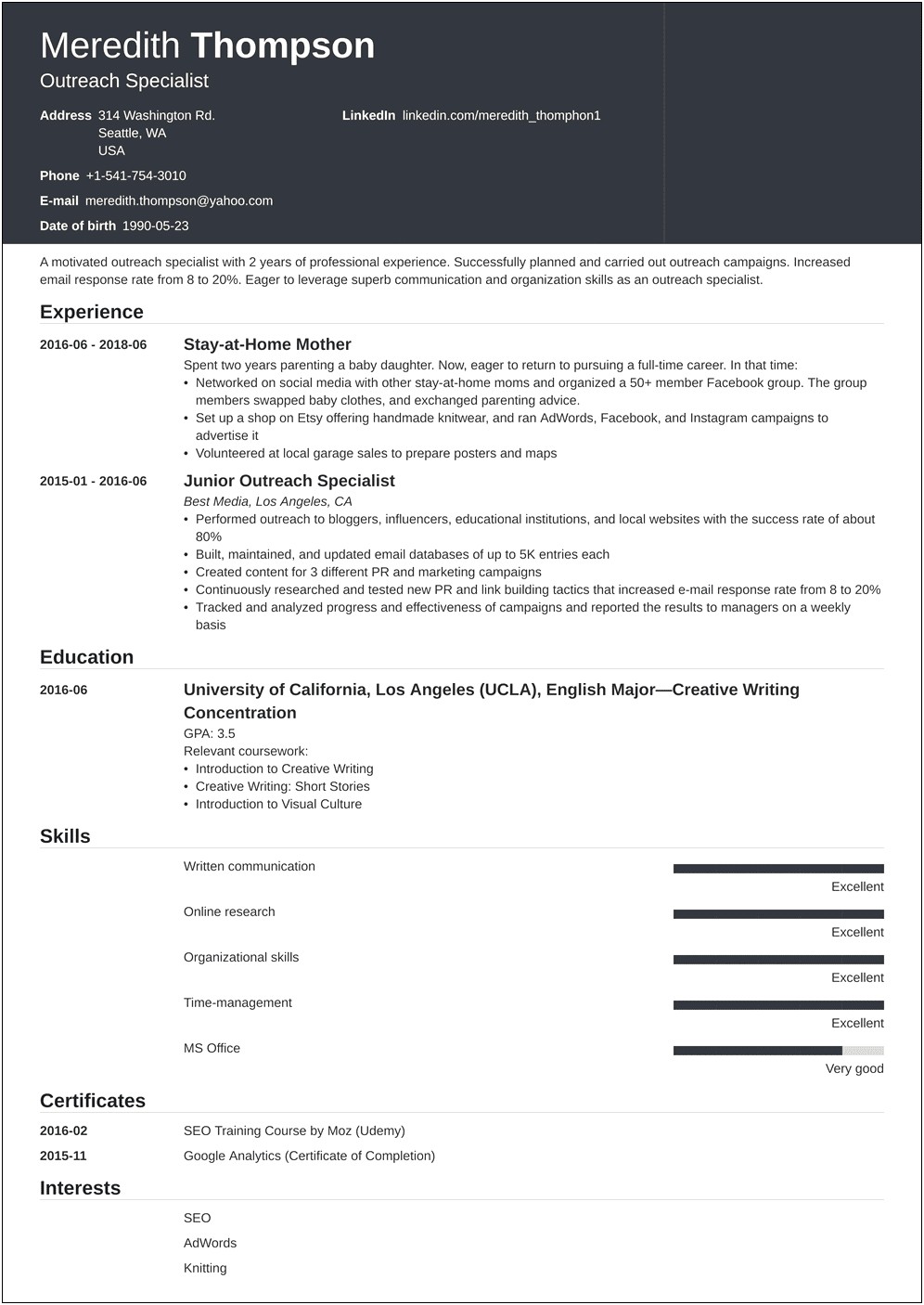 Resume Summary After Stay At Home Parent