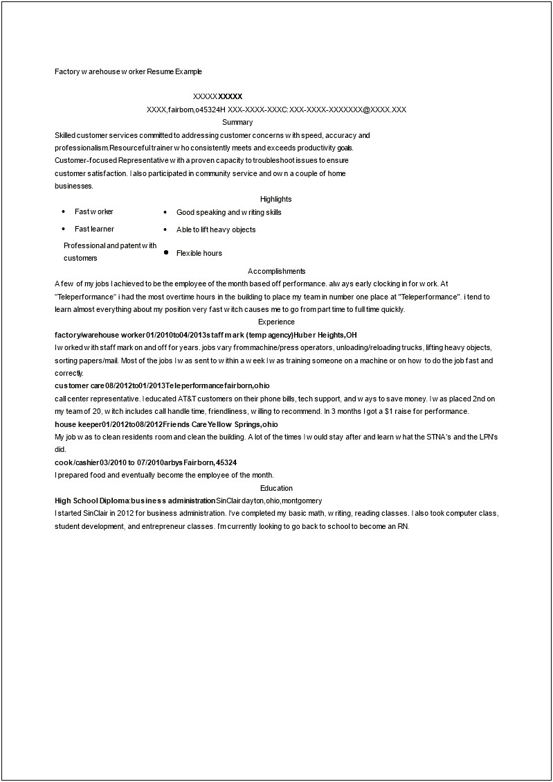 Resume Summary Customer Service And Warehousing