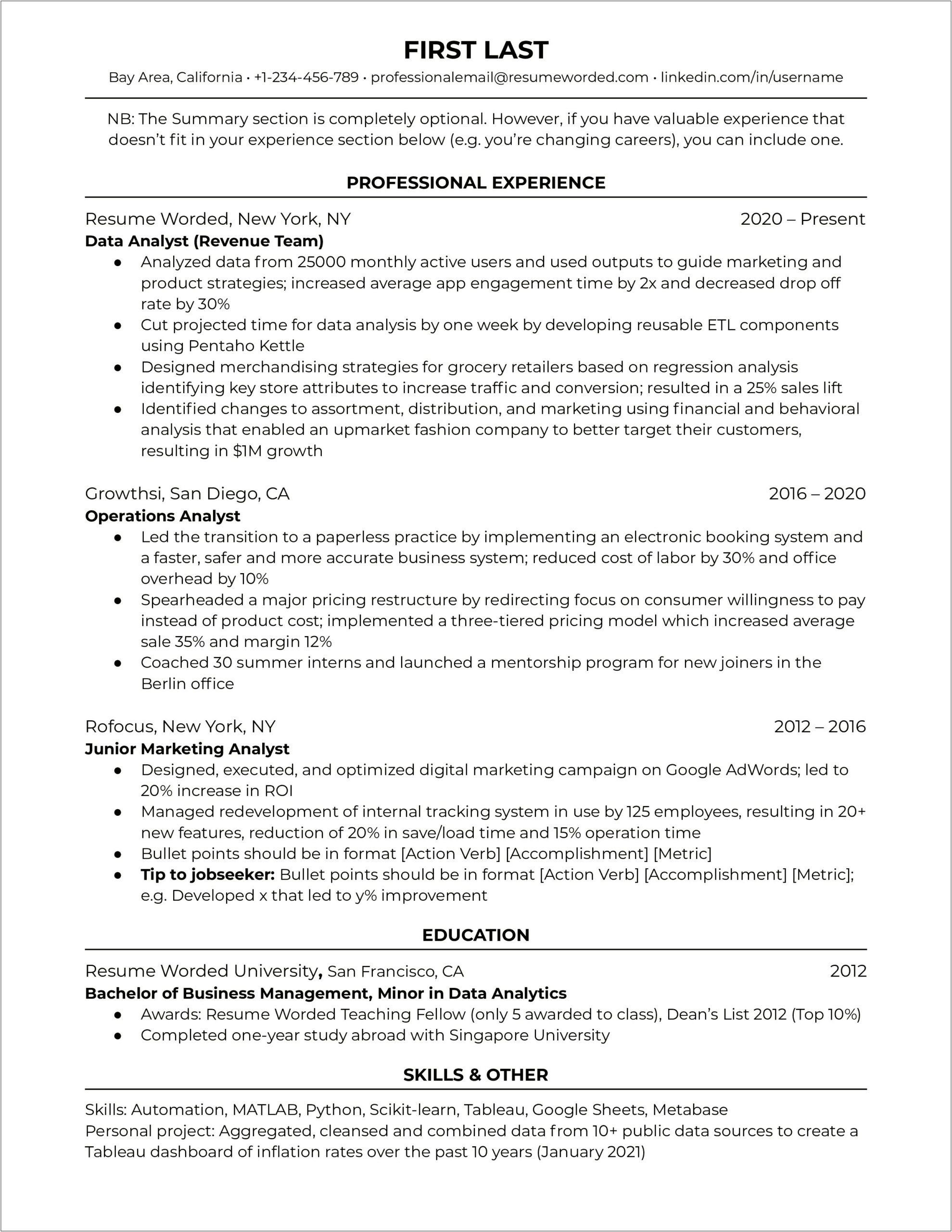Resume Summary Example 1 Year Experience