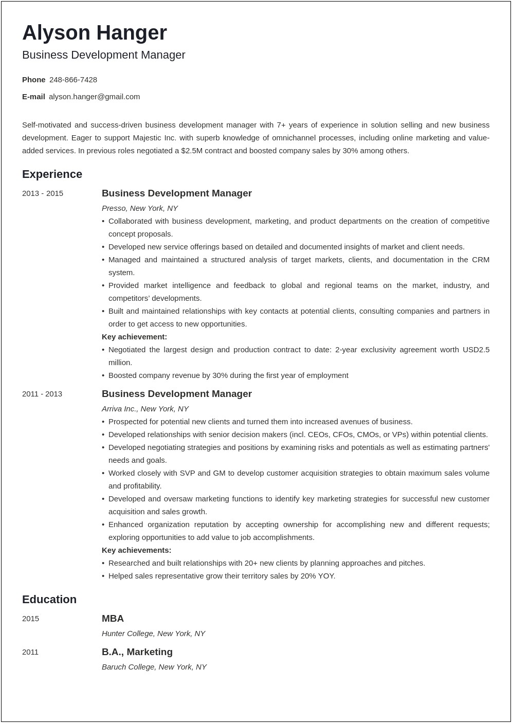 Resume Summary Example For A Business