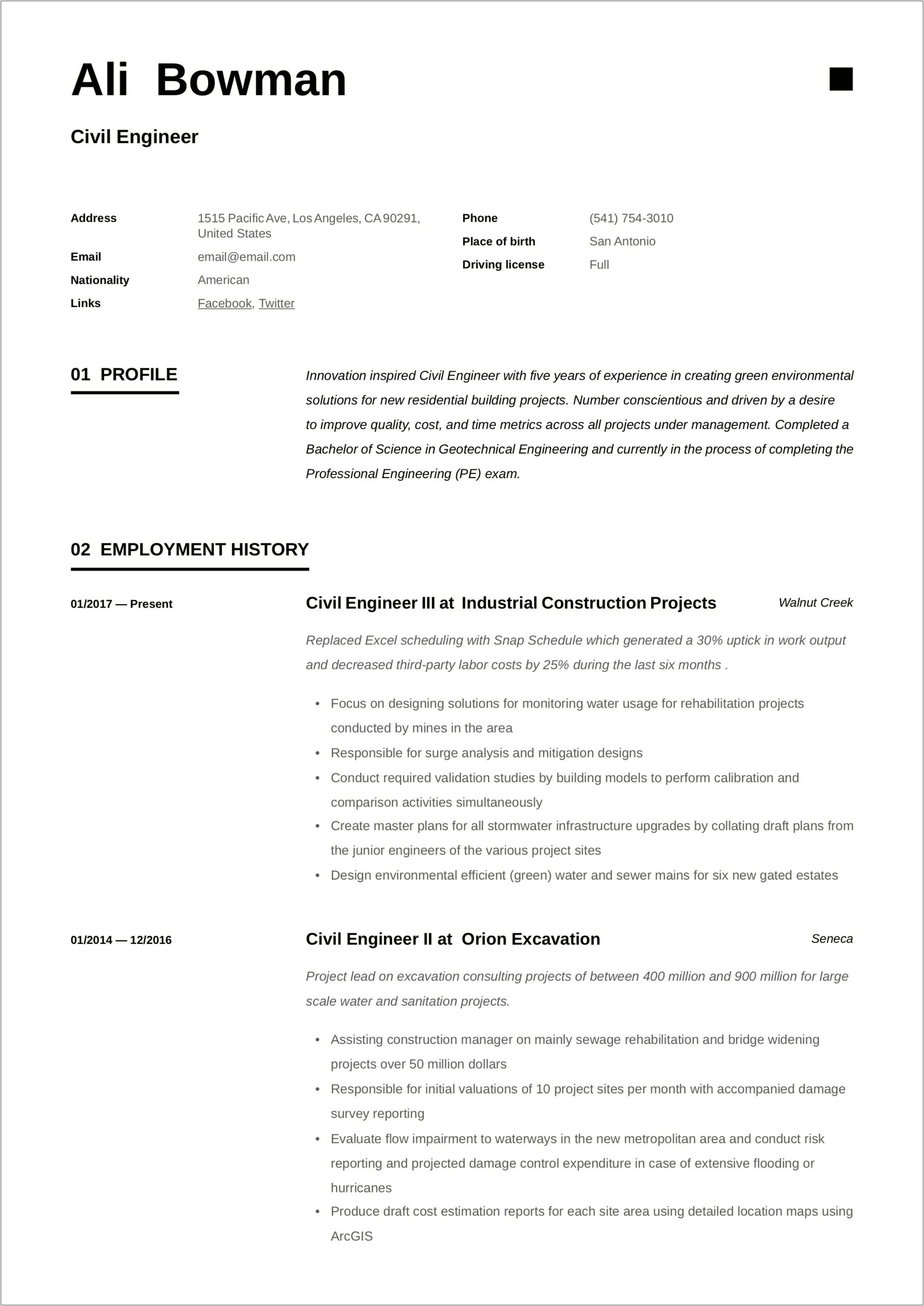 Resume Summary Example For A Civil Engineer