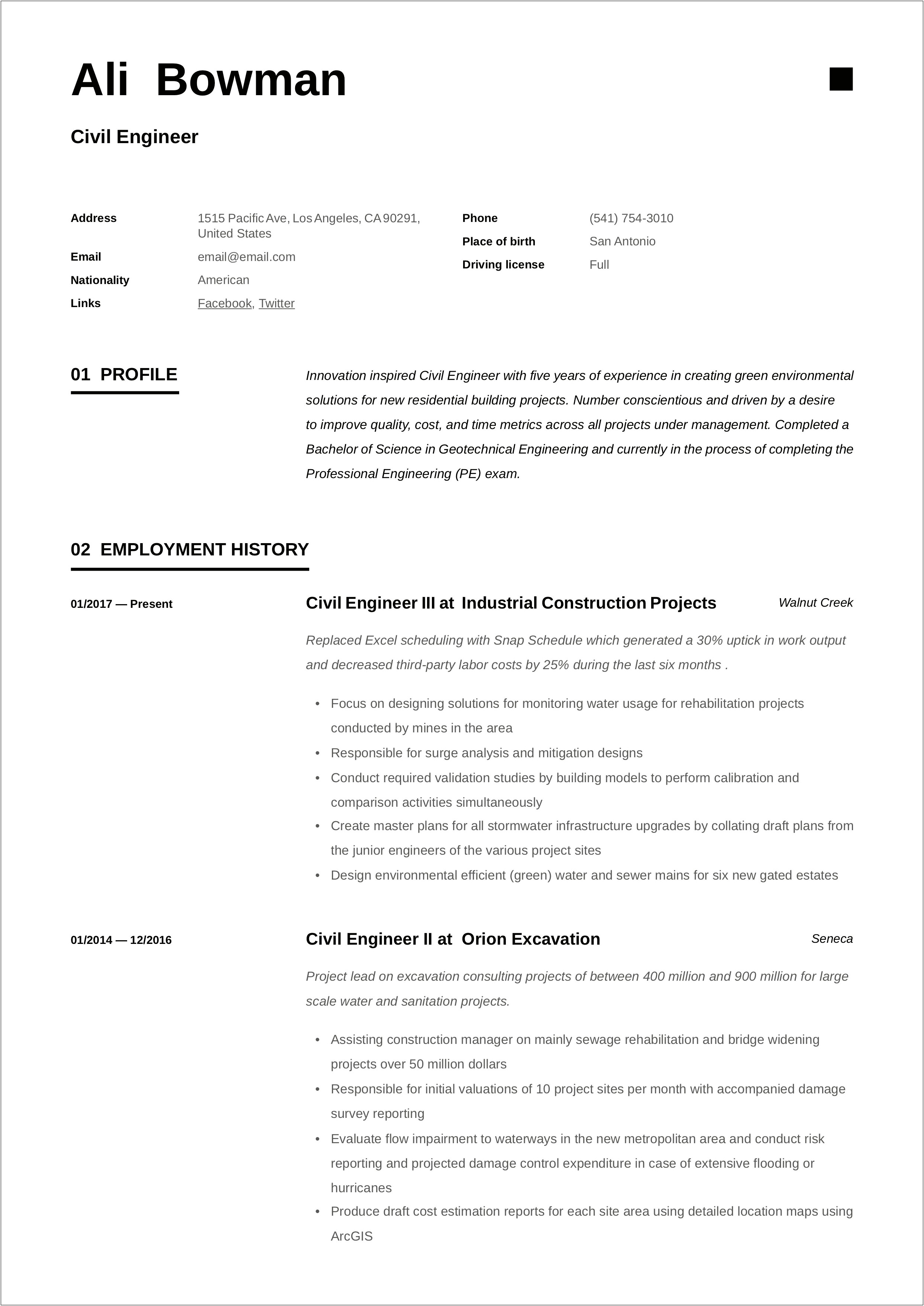 Resume Summary Example For A Civil Engineer