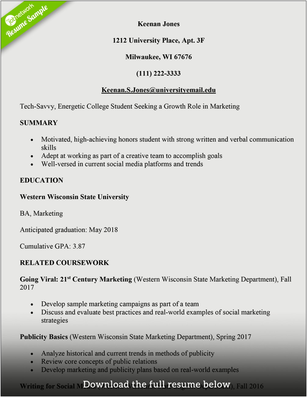 Resume Summary Example For A Student