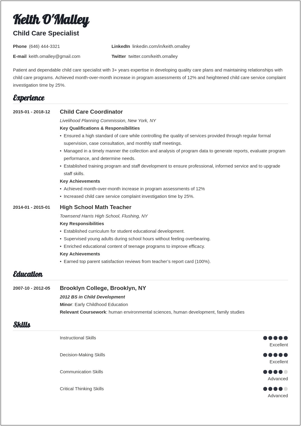 Resume Summary Examples For Child Care