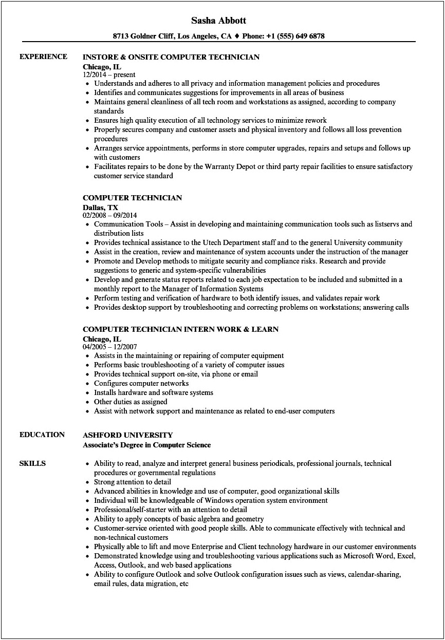 Resume Summary Examples For Computer Technicians