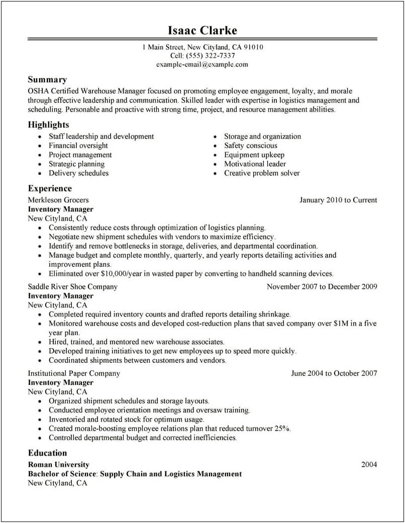 Resume Summary Examples For Inventory Control