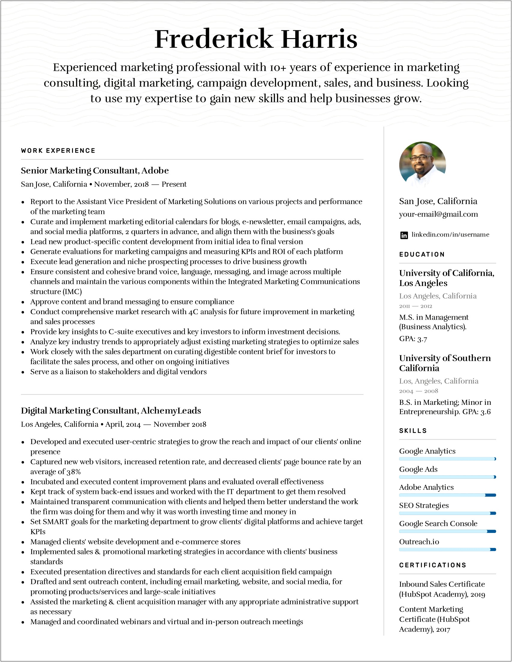 Resume Summary Examples For Marketing Associates