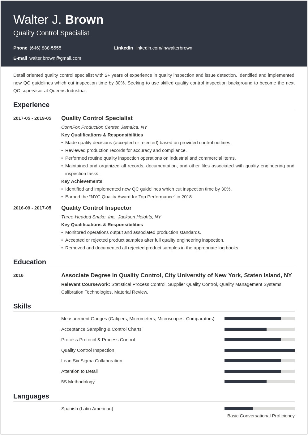 Resume Summary Examples For Quality Control