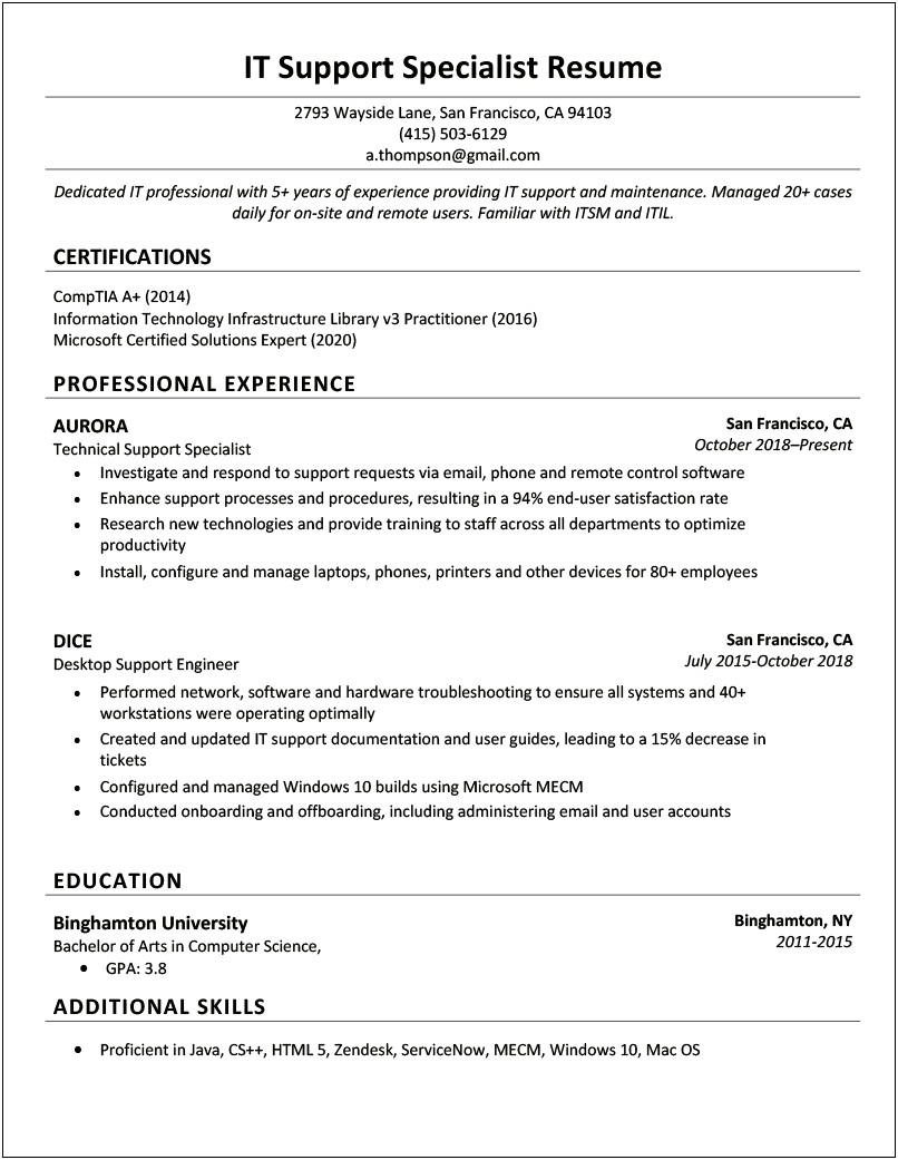 Resume Summary Examples For Support Specialist