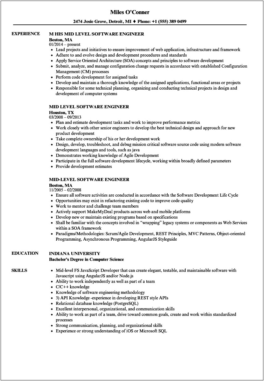 Resume Summary For 1 Year Experience Developer