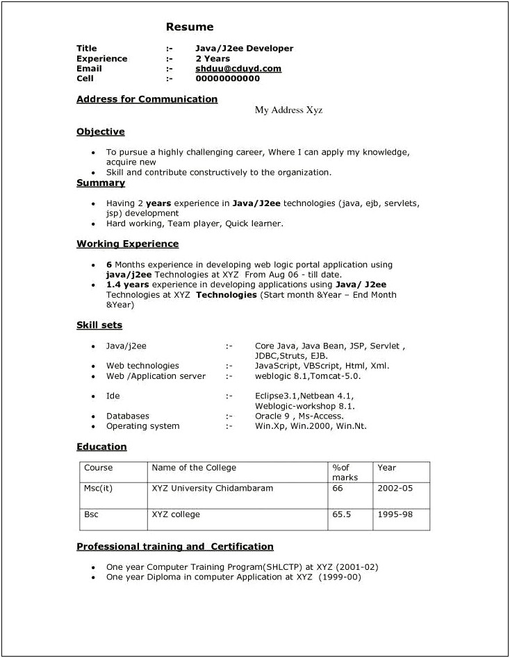 Resume Summary For 1 Year Experience