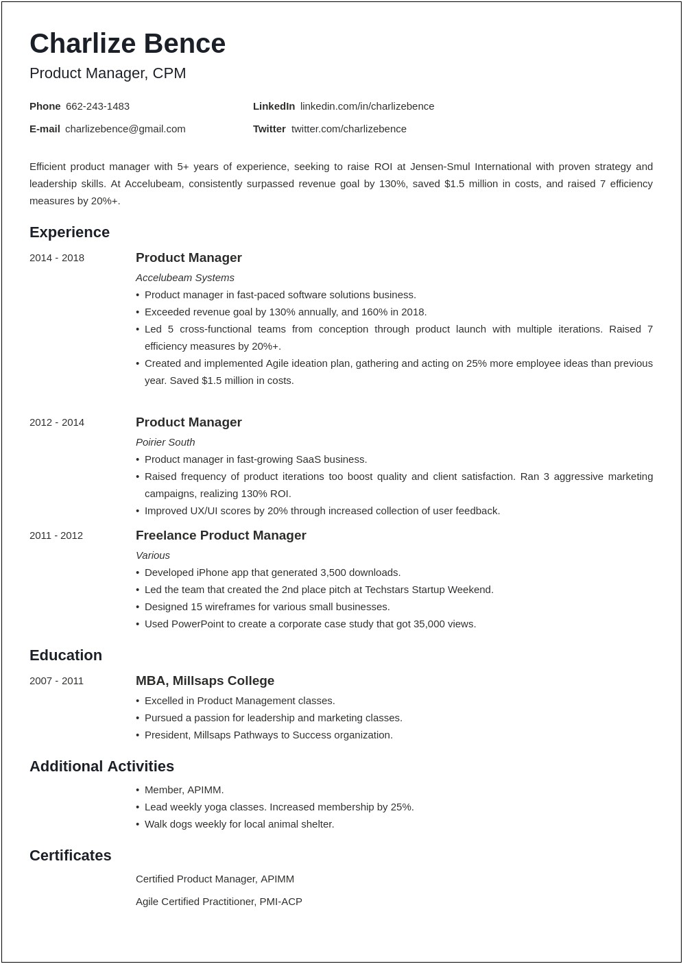 Resume Summary For A Product Manager