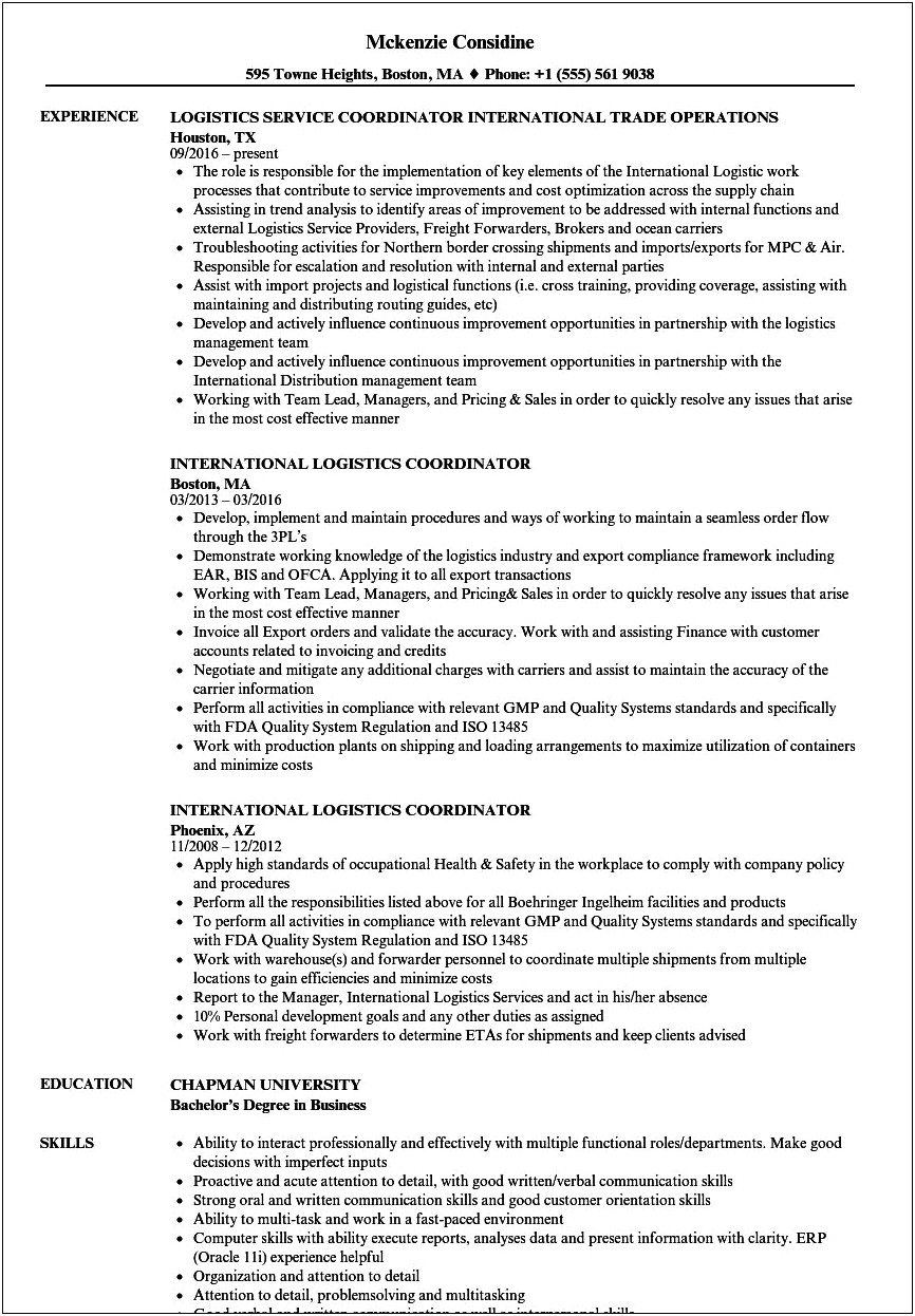 Resume Summary For A Shipping Coordinator