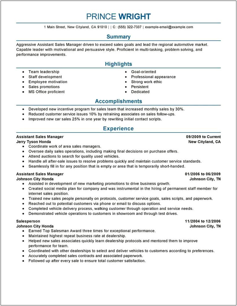 Resume Summary For Auto Sale Coordinator