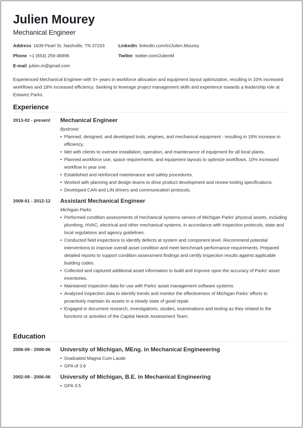 Resume Summary For Design Engineer Internship