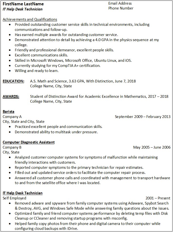 Resume Summary For Entry Level Help Desk