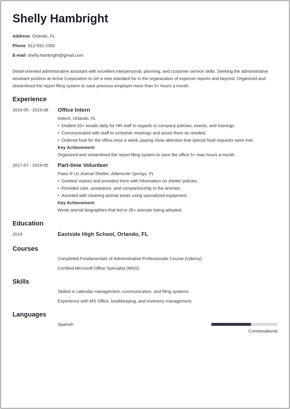 Resume Summary For Entry Level Position