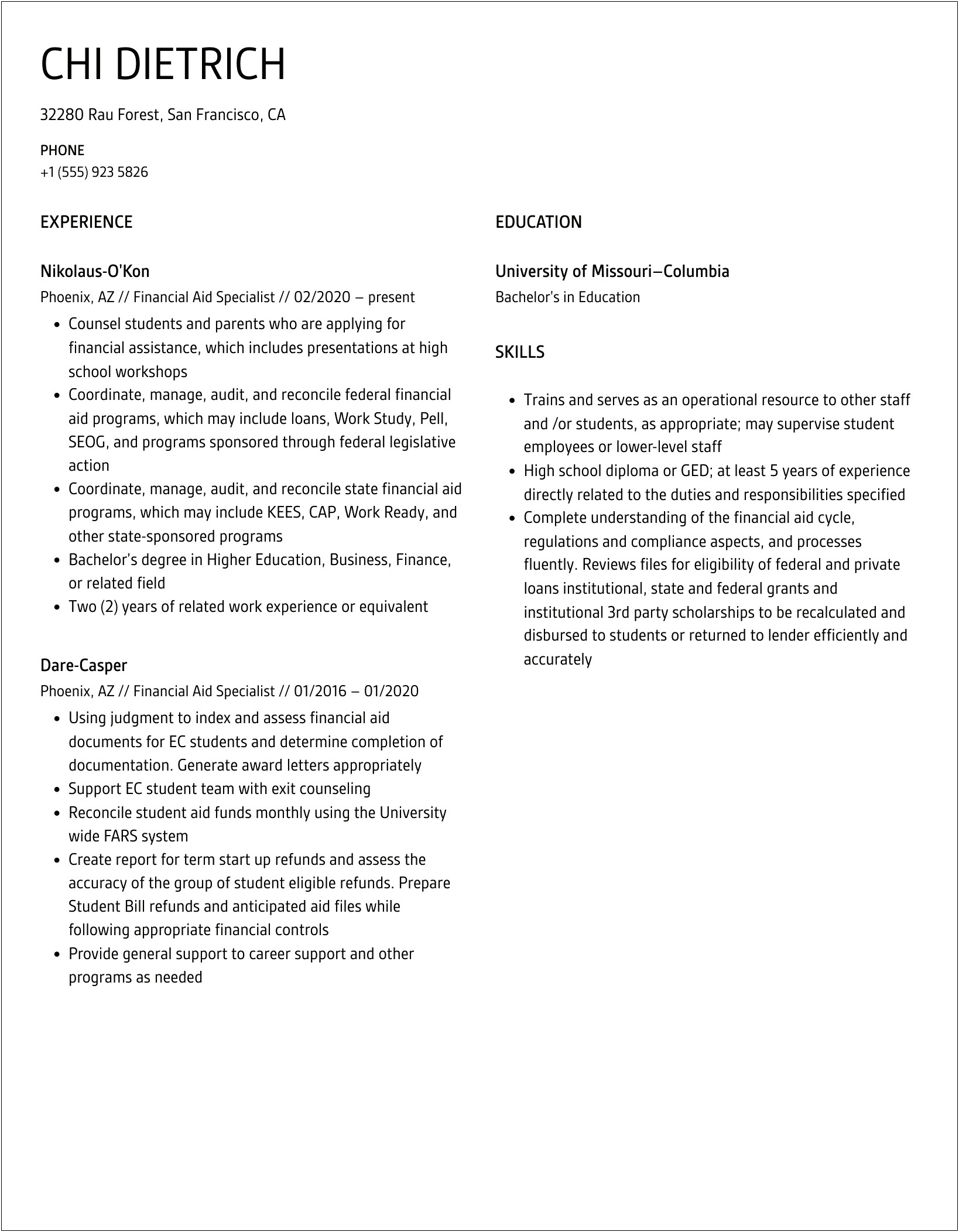 Resume Summary For Financial Aid Counselor