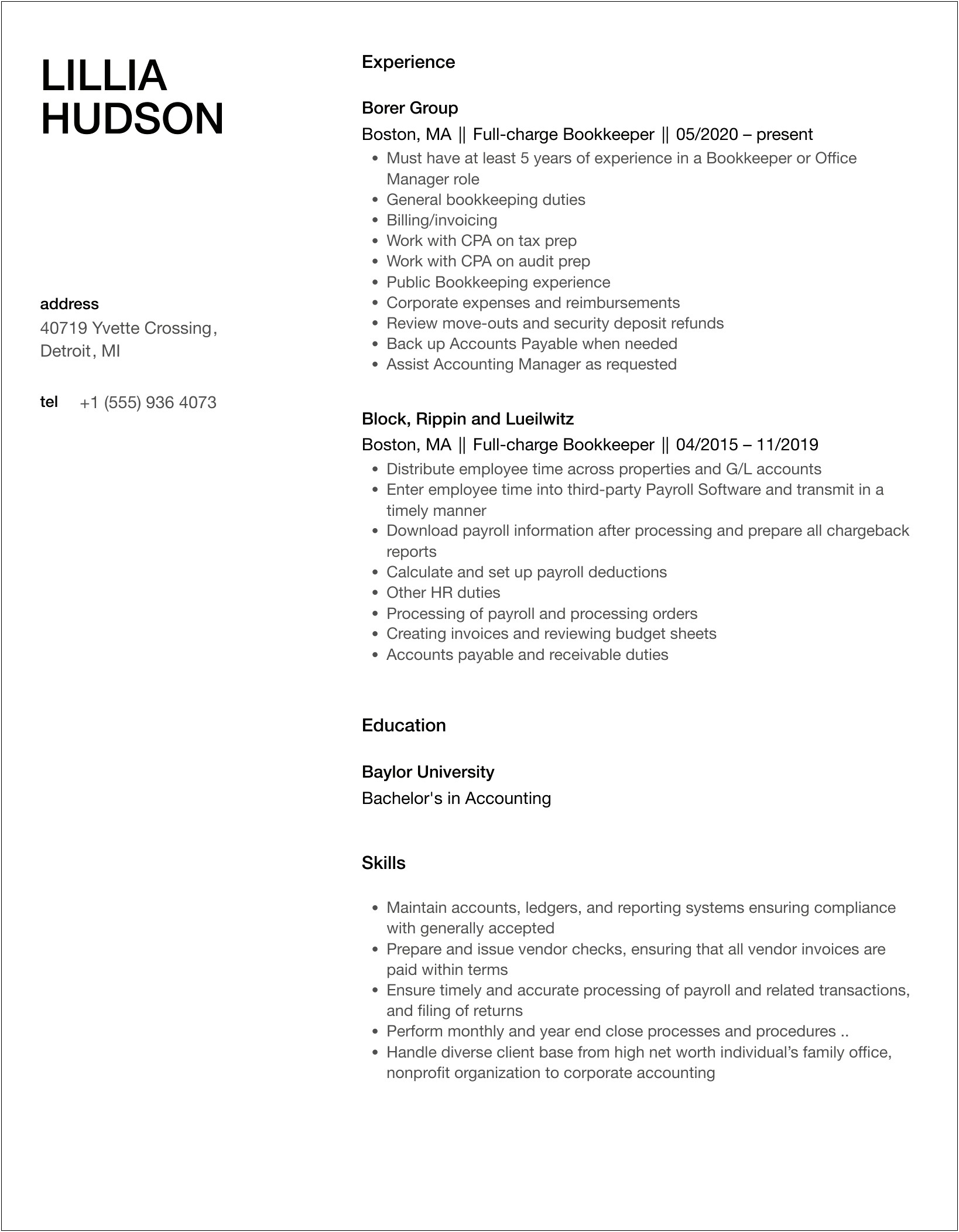 Resume Summary For Full Charge Bookkeeper