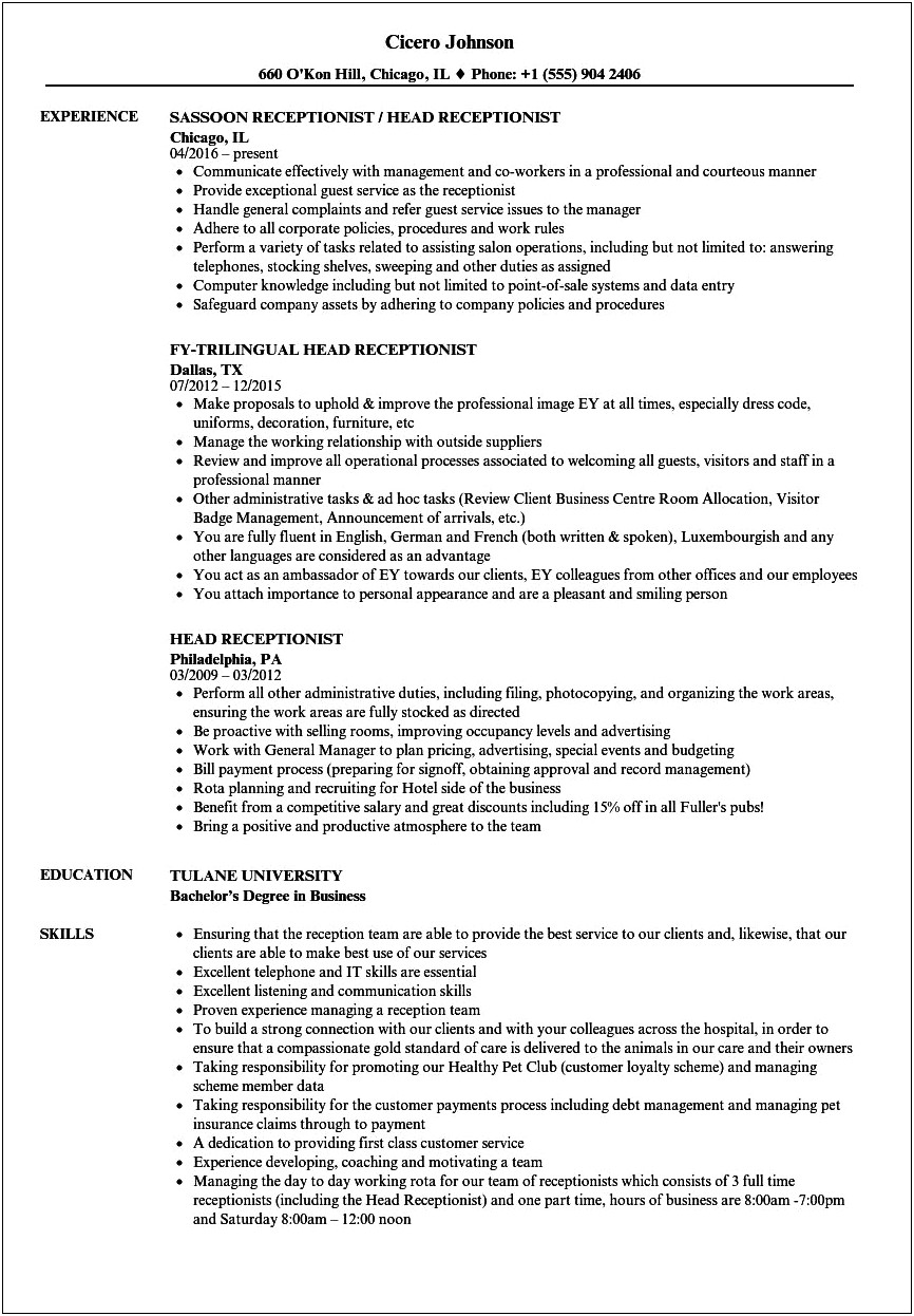 Resume Summary For High School Student Receptionist