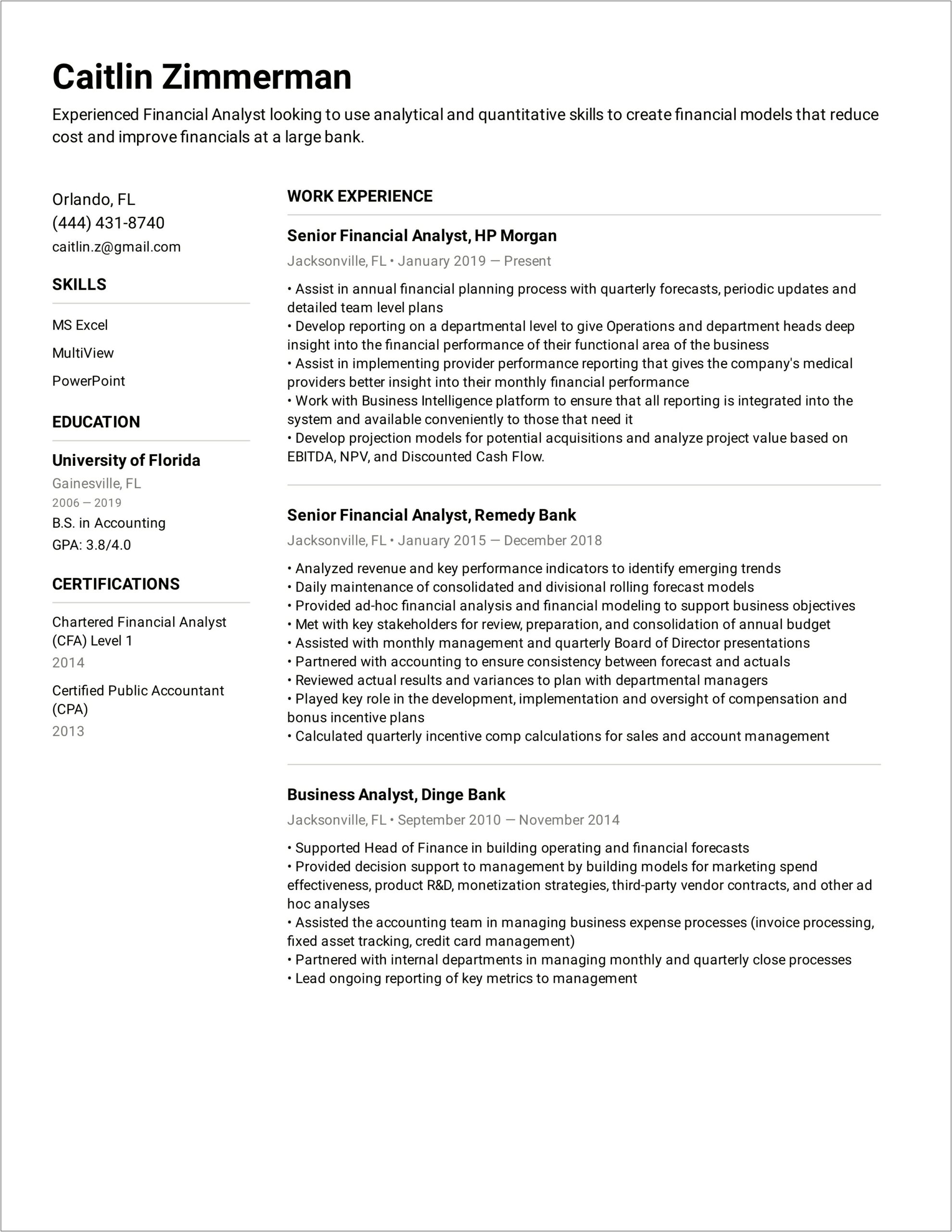 Resume Summary For Junior Financial Analyst