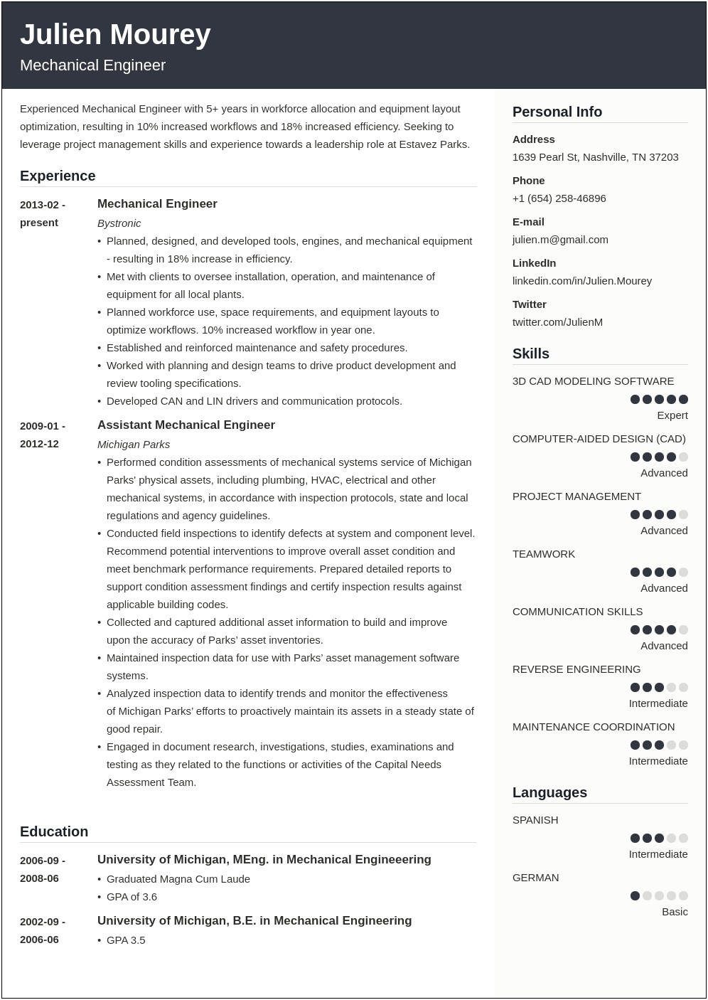 Resume Summary For Mechanical Engineer Fresher