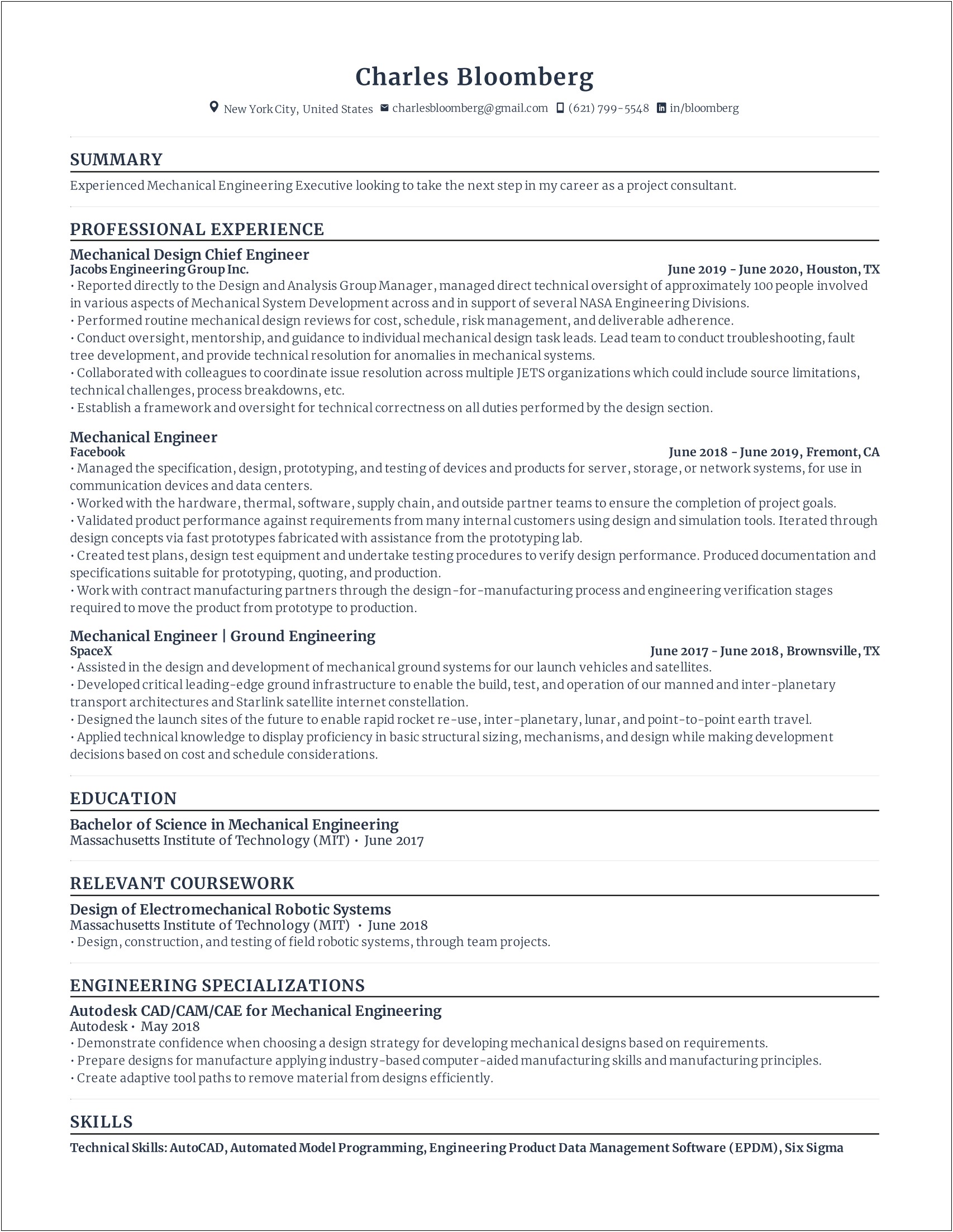 Resume Summary For Mechanical Manufacturing Engineer