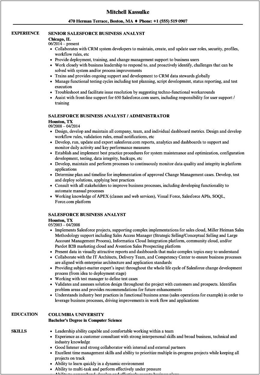Resume Summary For Salesforce Business Analyst