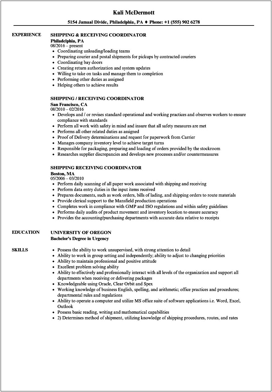 Resume Summary For Shipping And Receiving Technician