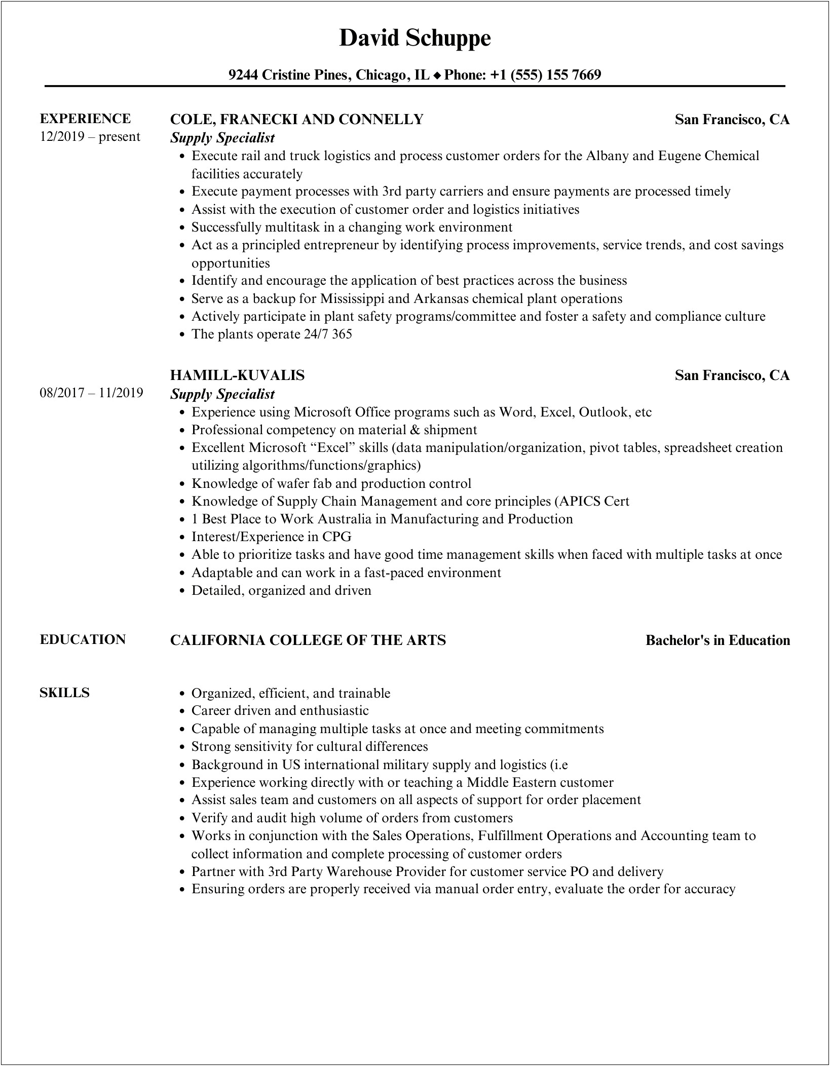 Resume Summary For Unit Supply Specialist
