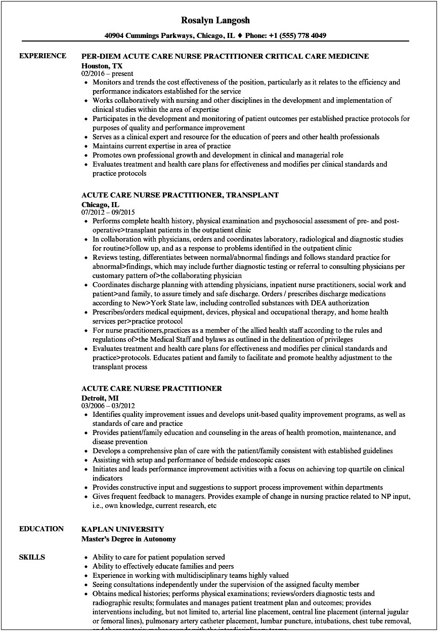 Resume Summary Qualifications Family Nurse Practitioner Examples